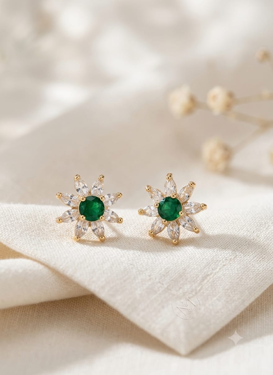 Emerald Blossom Gold Stud Earrings