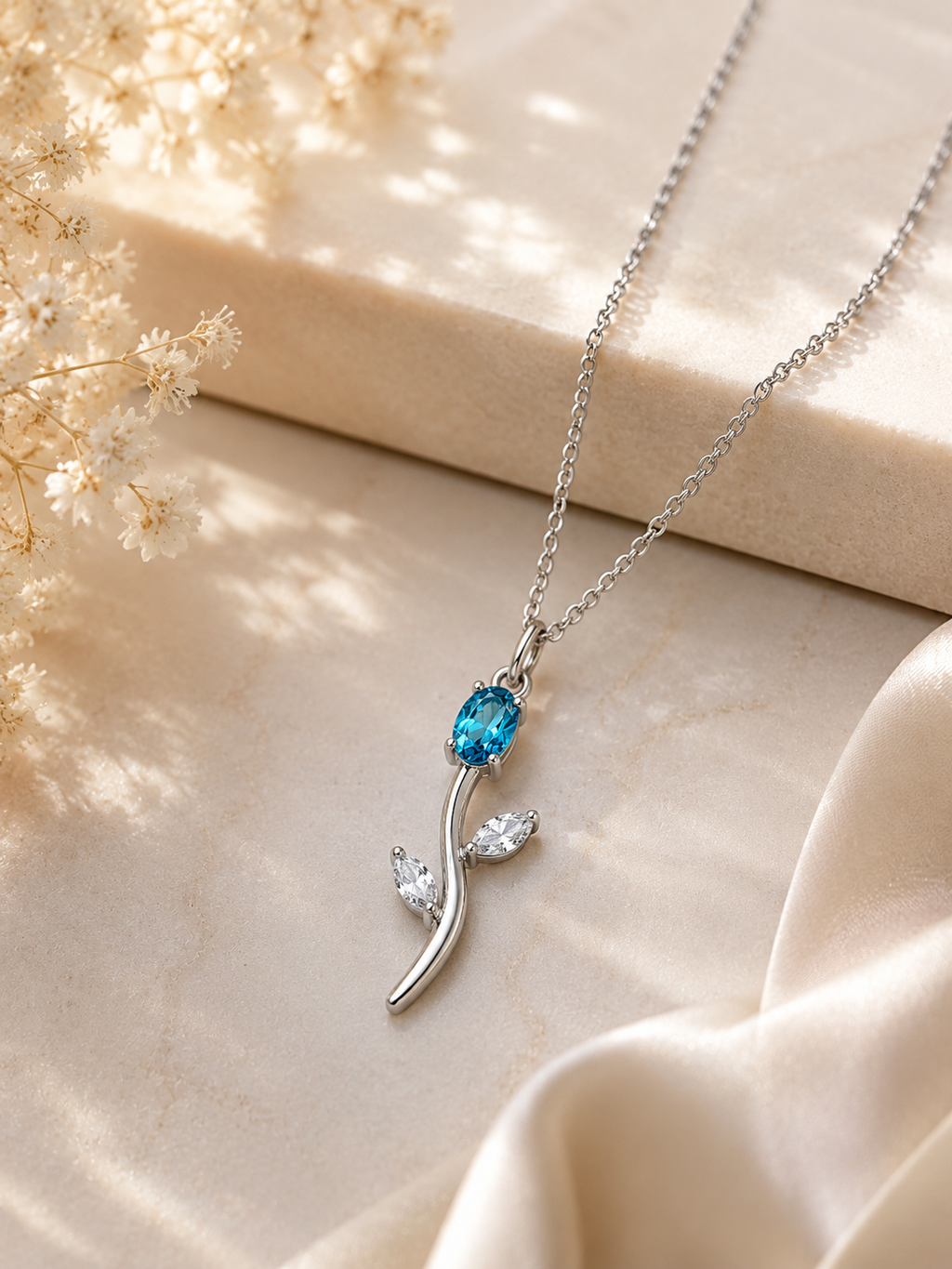 Blue Crystal Flower Pendant Necklace