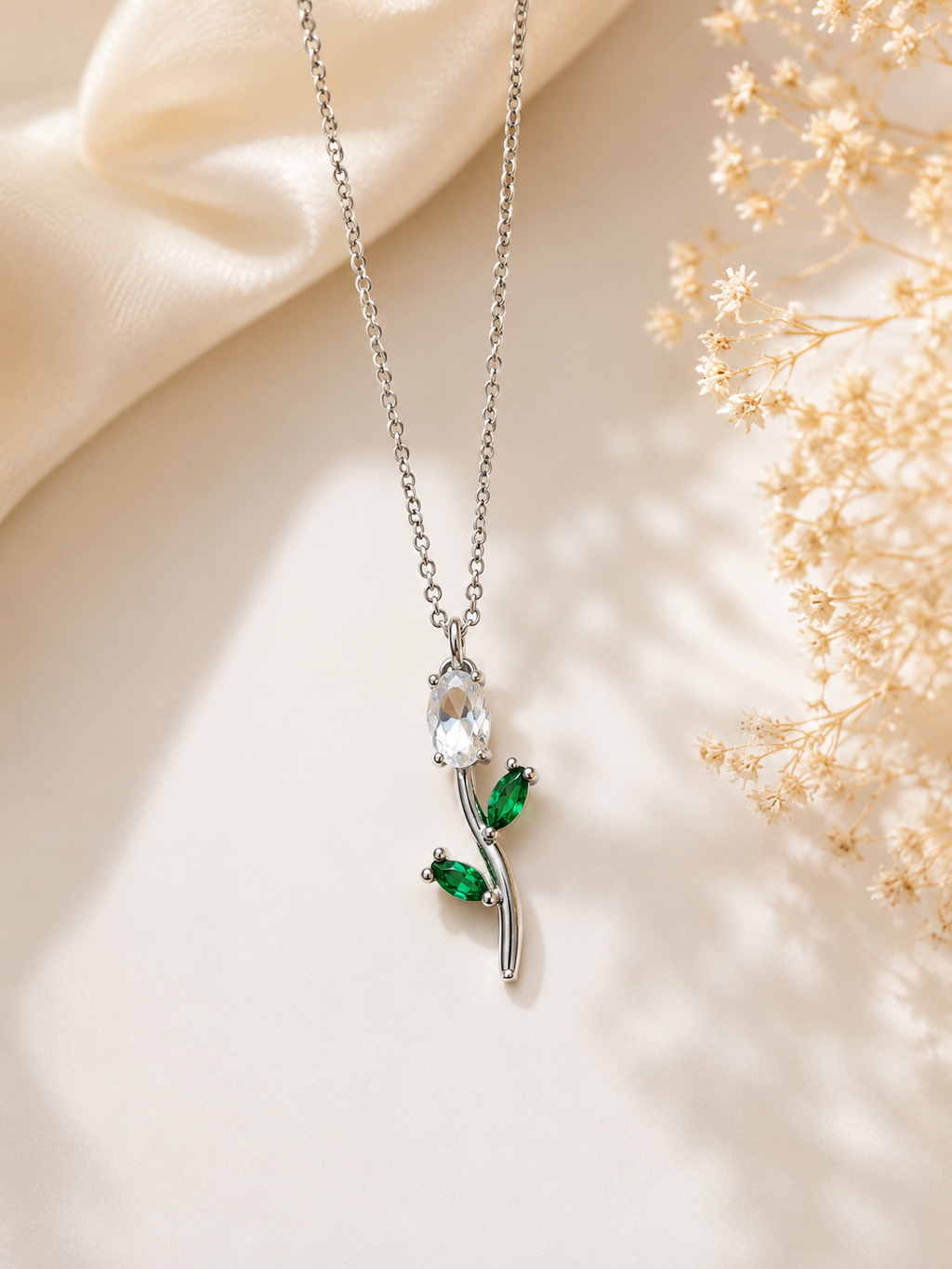 Silver Floral Pendant Necklace with Crystal & Emerald Green Stones