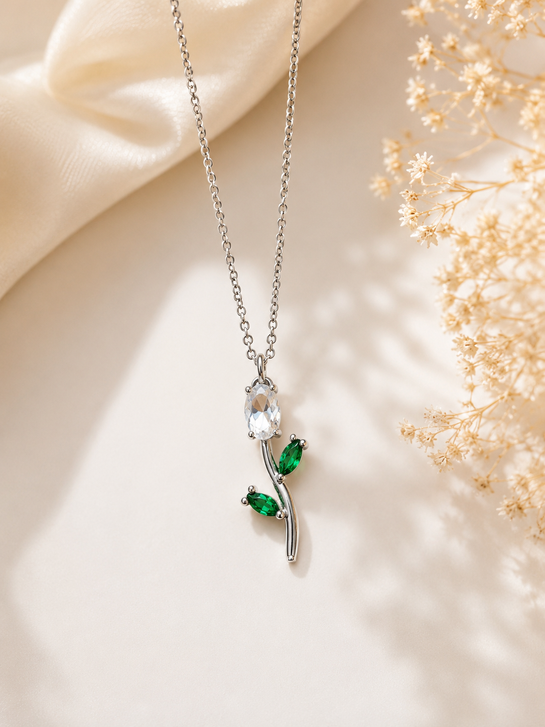 Silver Floral Pendant Necklace with Crystal & Emerald Green Stones