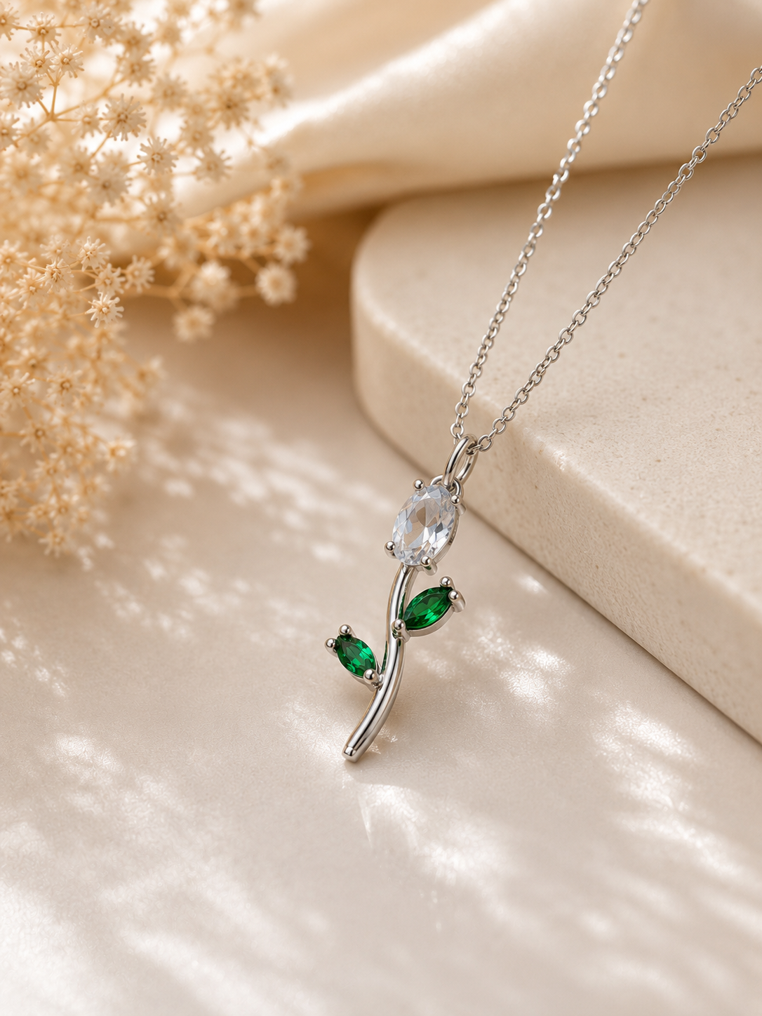Silver Floral Pendant Necklace with Crystal & Emerald Green Stones
