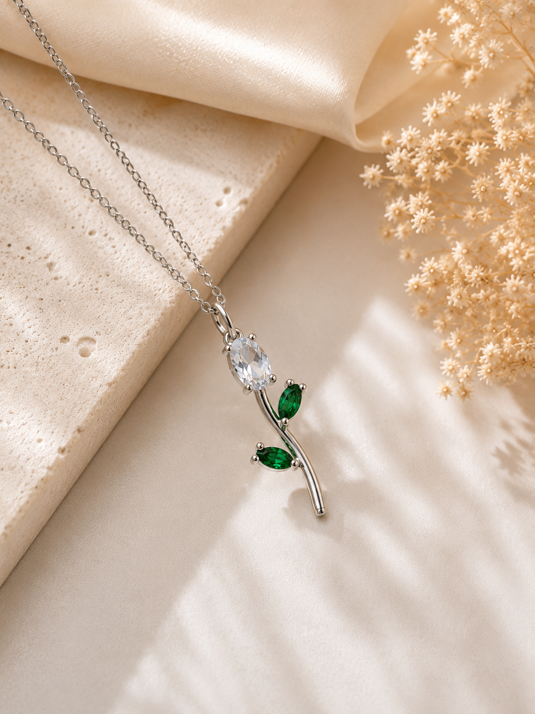 Silver Floral Pendant Necklace with Crystal & Emerald Green Stones