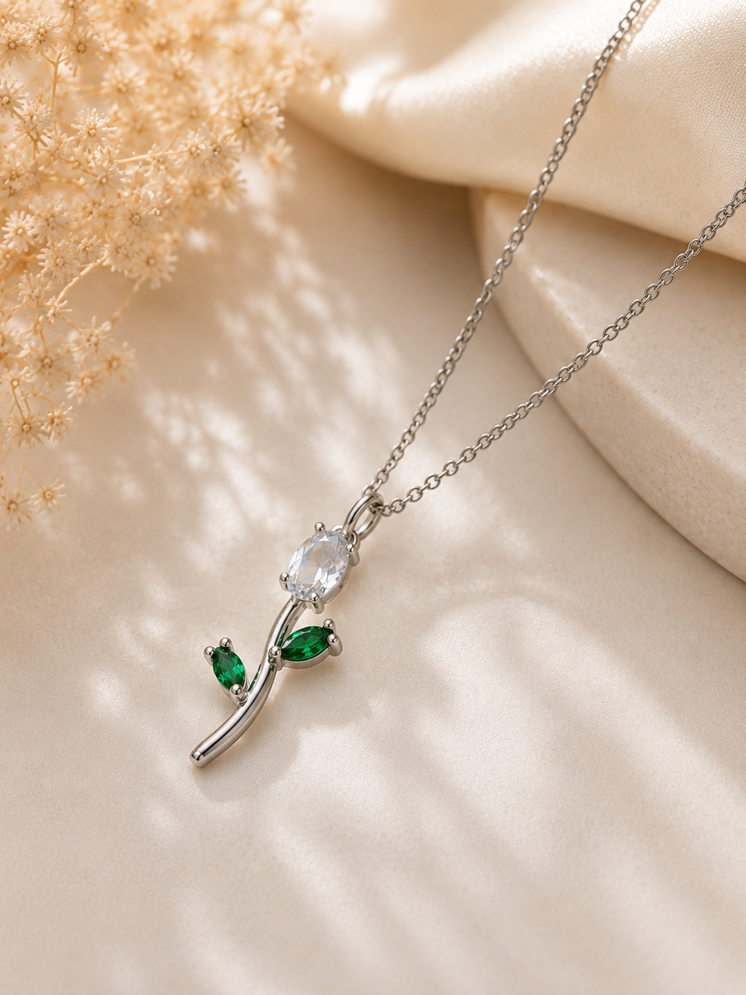 Silver Floral Pendant Necklace with Crystal & Emerald Green Stones