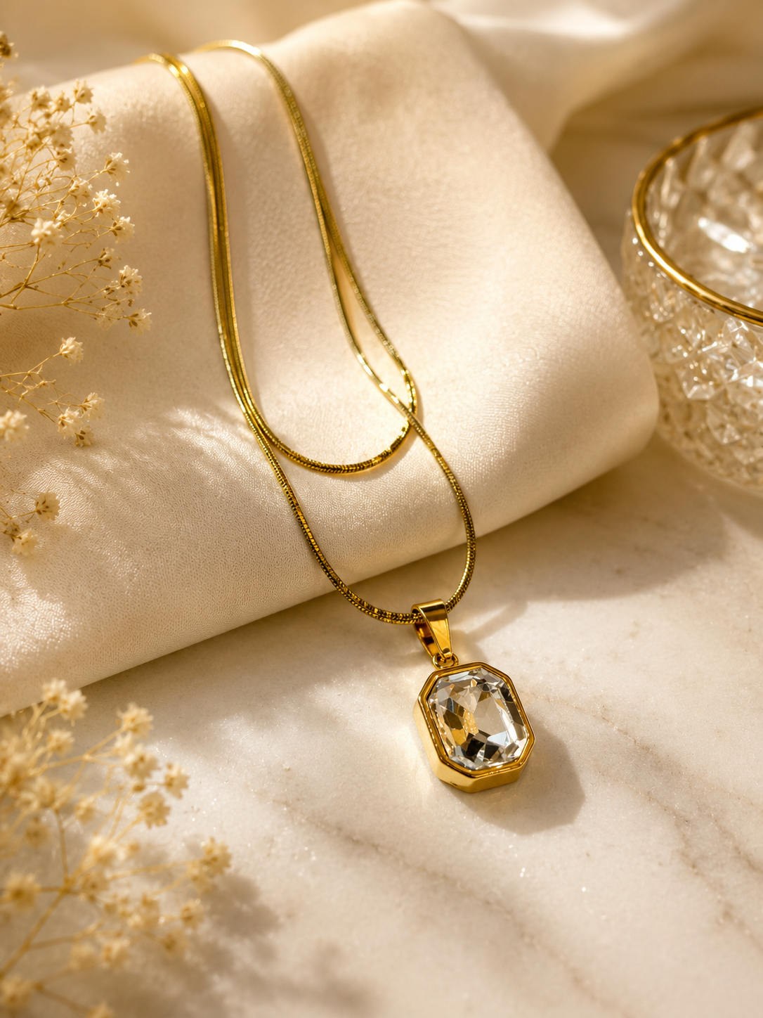 Gold Double Layered Octagon Gemstone Pendant Necklace
