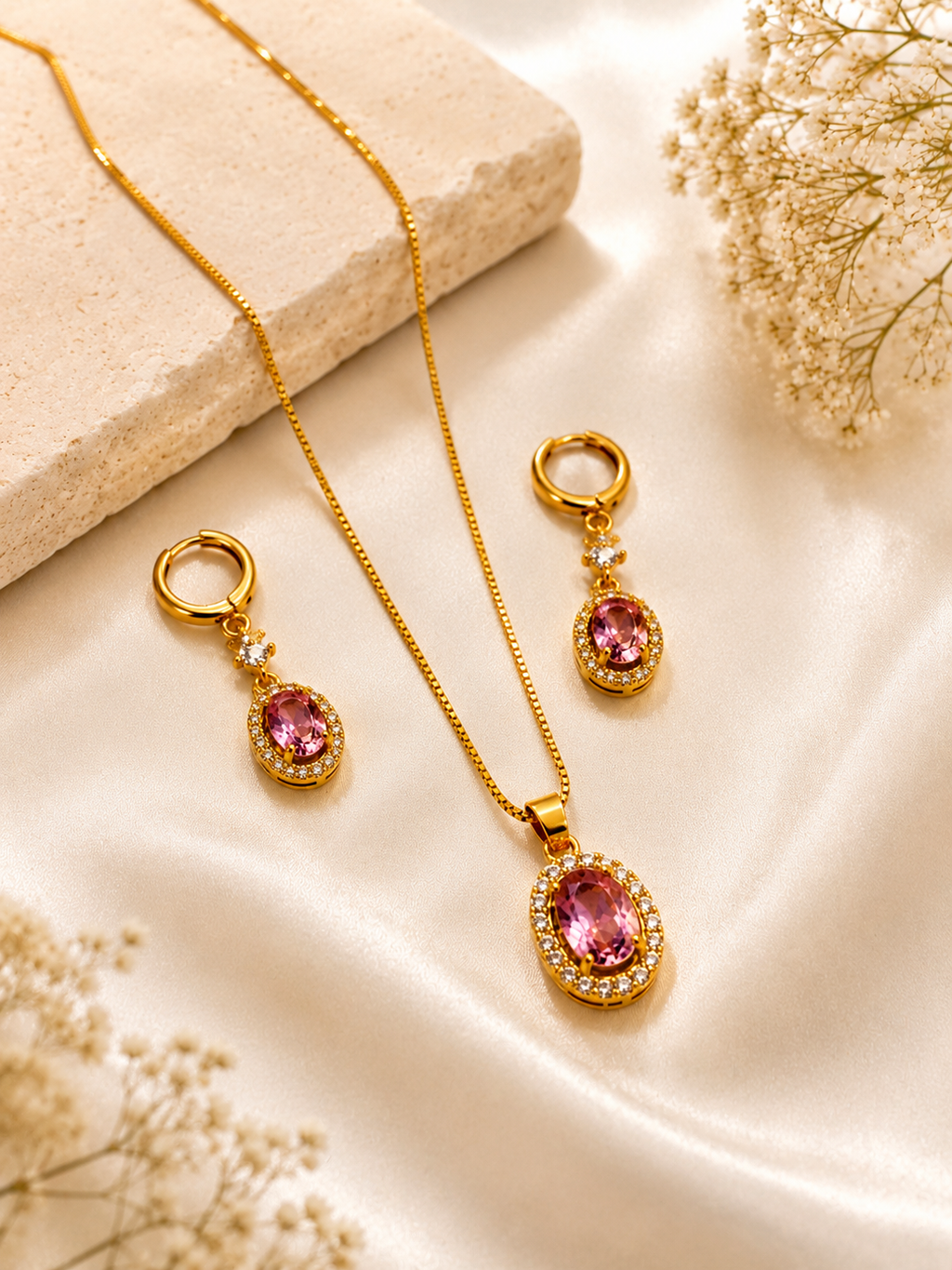 Pink Crystal Pendant Necklace & Earrings Set