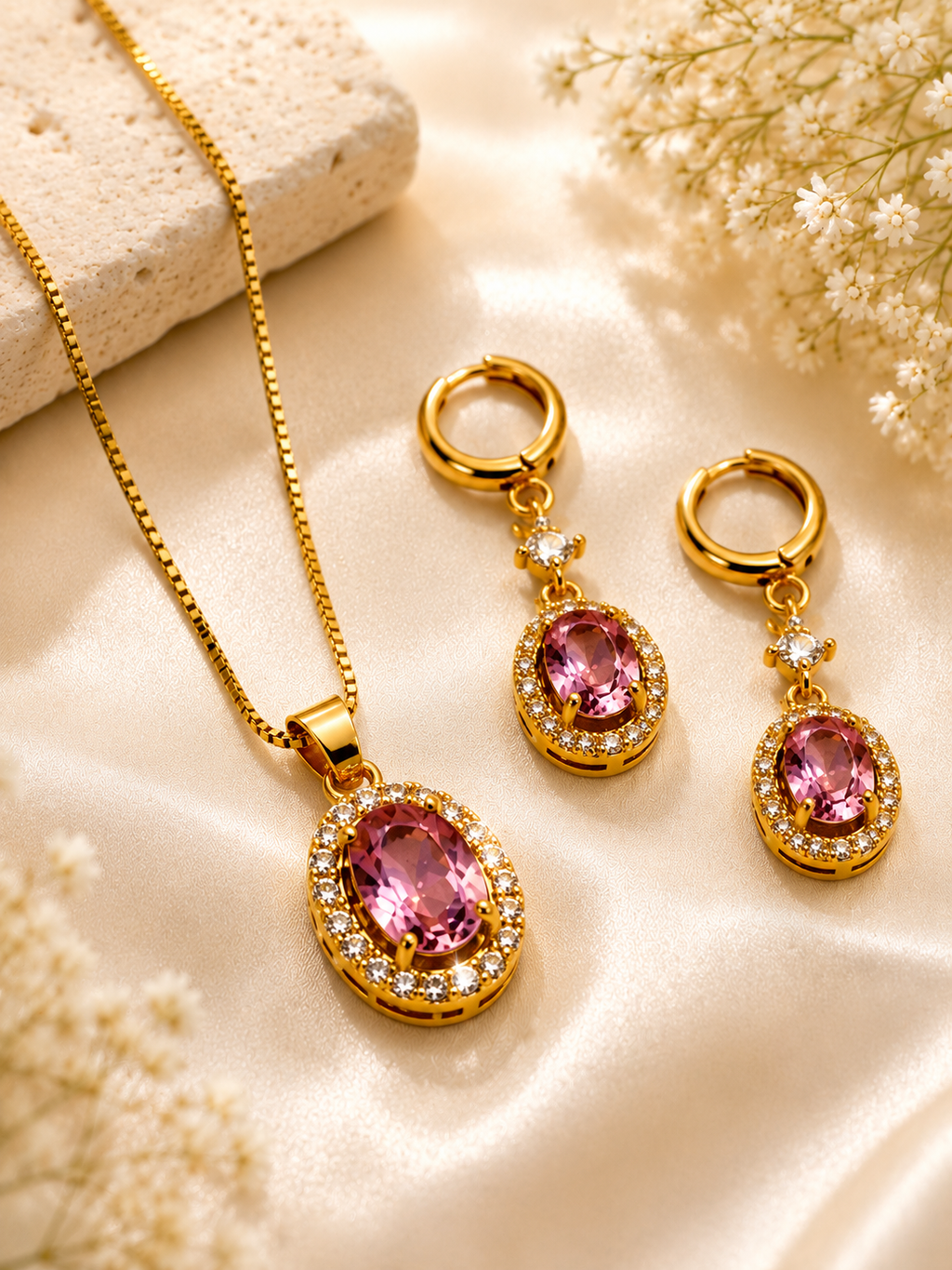 Pink Crystal Pendant Necklace & Earrings Set