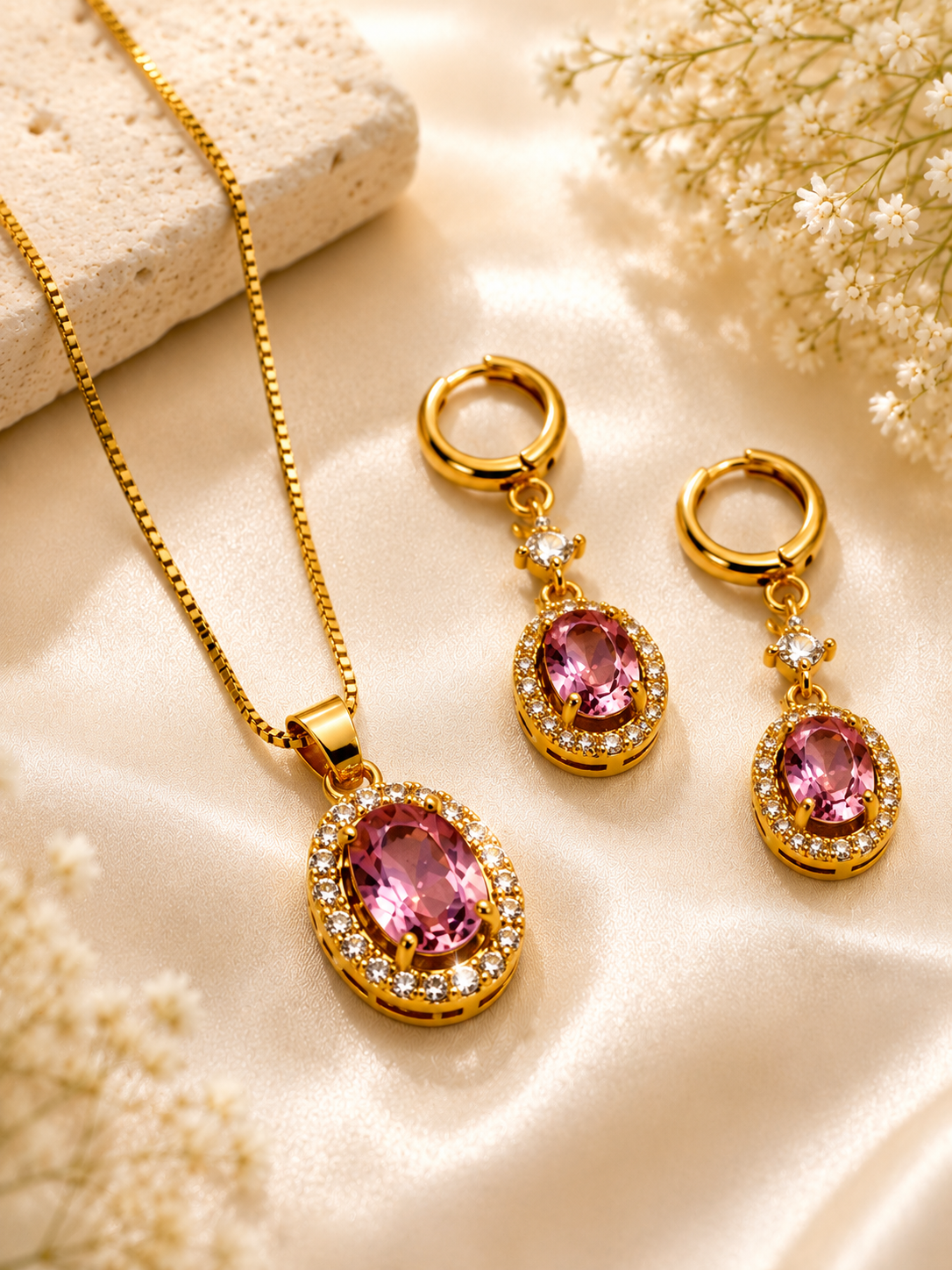 Pink Crystal Pendant Necklace & Earrings Set