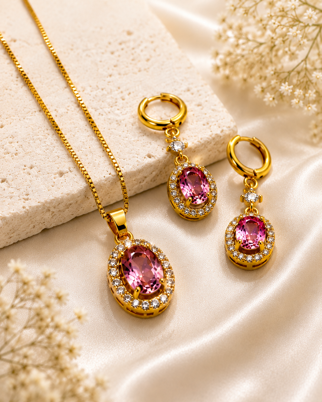 Pink Crystal Pendant Necklace & Earrings Set