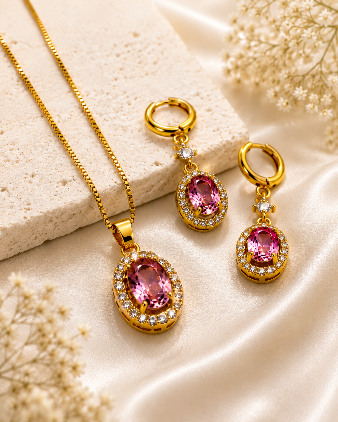 Pink Crystal Pendant Necklace & Earrings Set