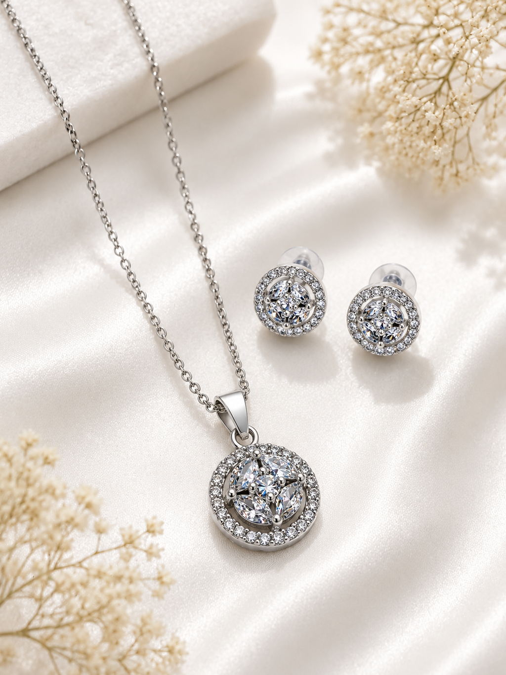 Sparkling Round Crystal Pendant Necklace & Stud Earrings Set