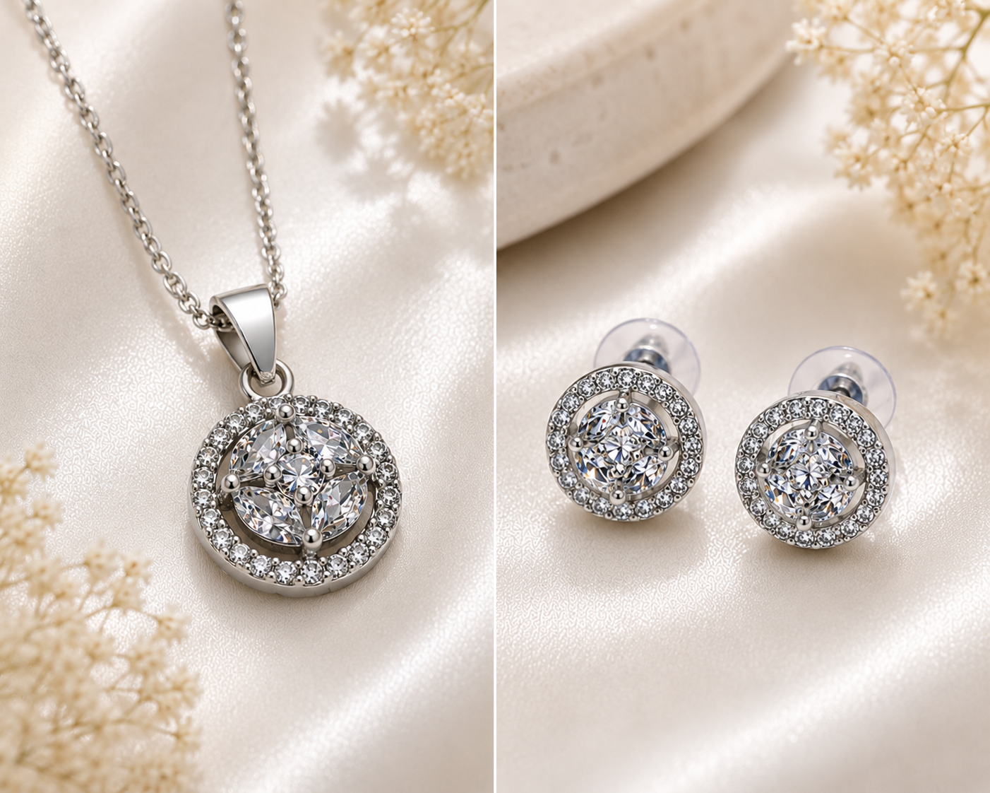 Sparkling Round Crystal Pendant Necklace & Stud Earrings Set