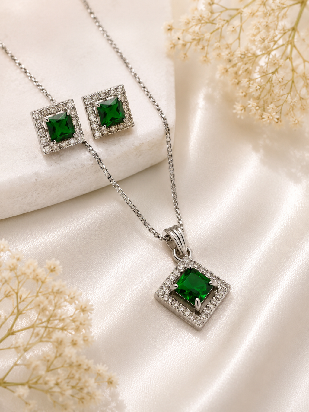 Emerald Green Square Crystal Pendant Necklace & Stud Earrings Set