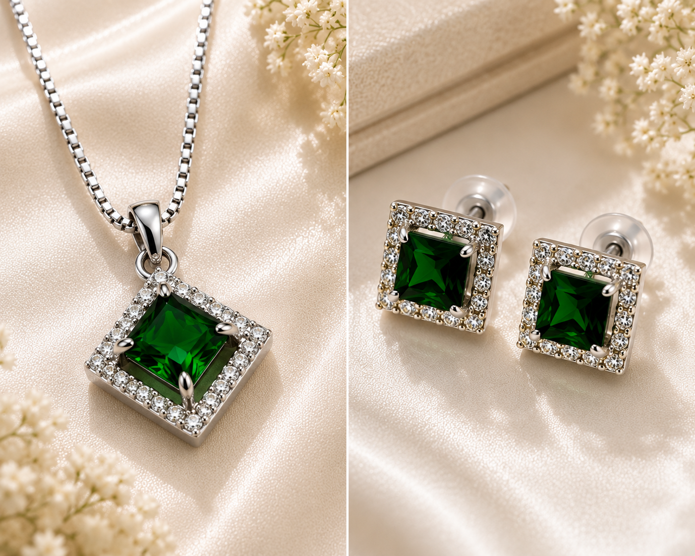 Emerald Green Square Crystal Pendant Necklace & Stud Earrings Set