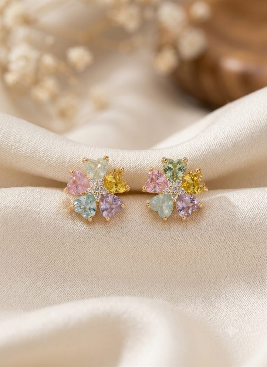 Pastel Heart Blossom Gold Stud Earrings