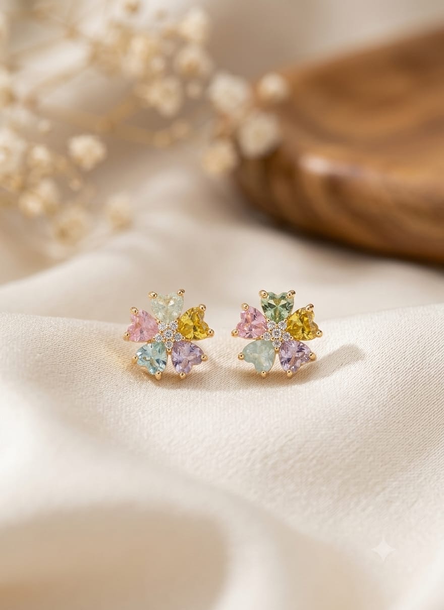 Pastel Heart Blossom Gold Stud Earrings