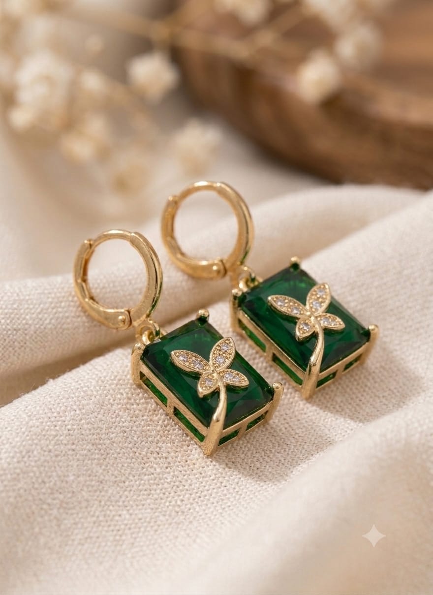Emerald Crystal Butterfly Drop Gold Earrings