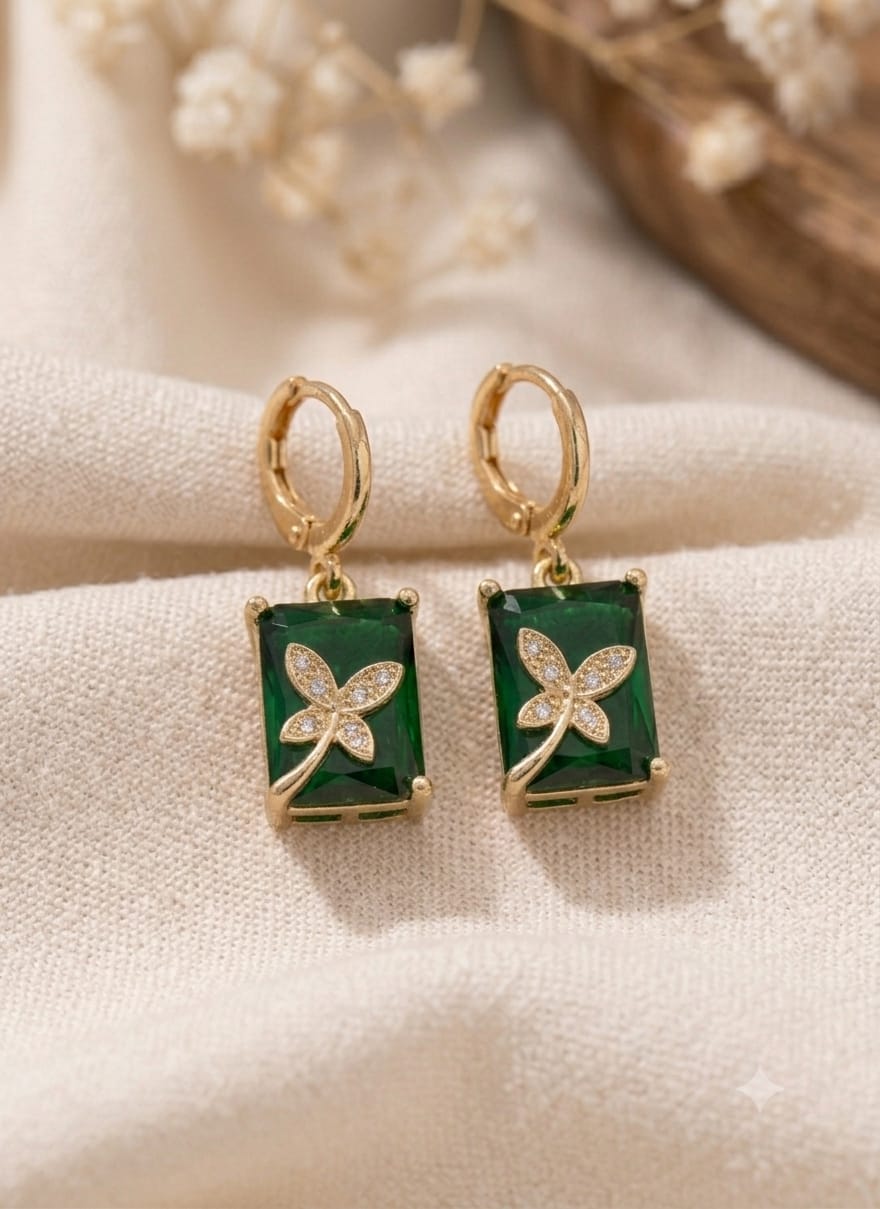Emerald Crystal Butterfly Drop Gold Earrings