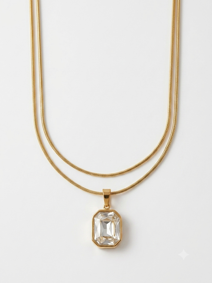 Gold Double Layered Octagon Gemstone Pendant Necklace