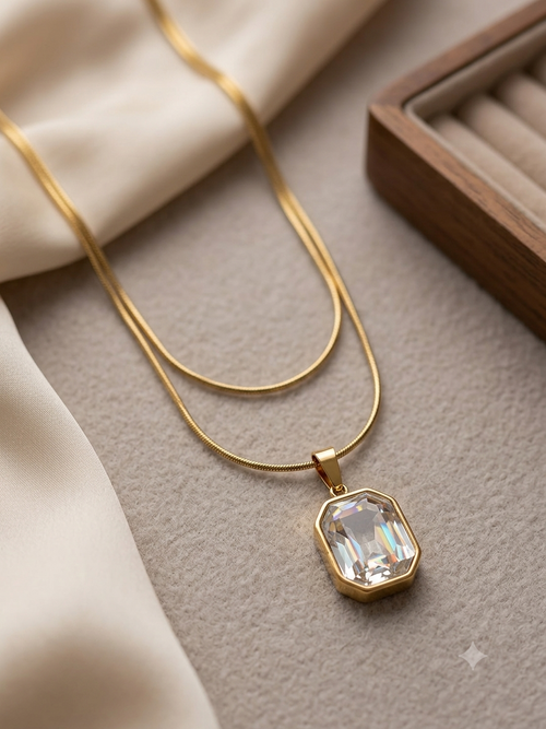 Gold Double Layered Octagon Gemstone Pendant Necklace