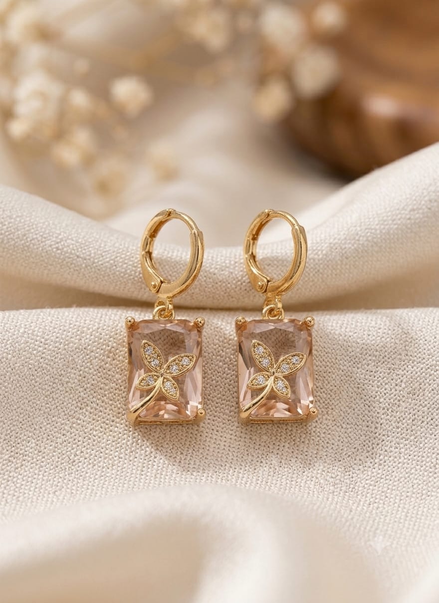 Pink Crystal Butterfly Drop Gold Earrings