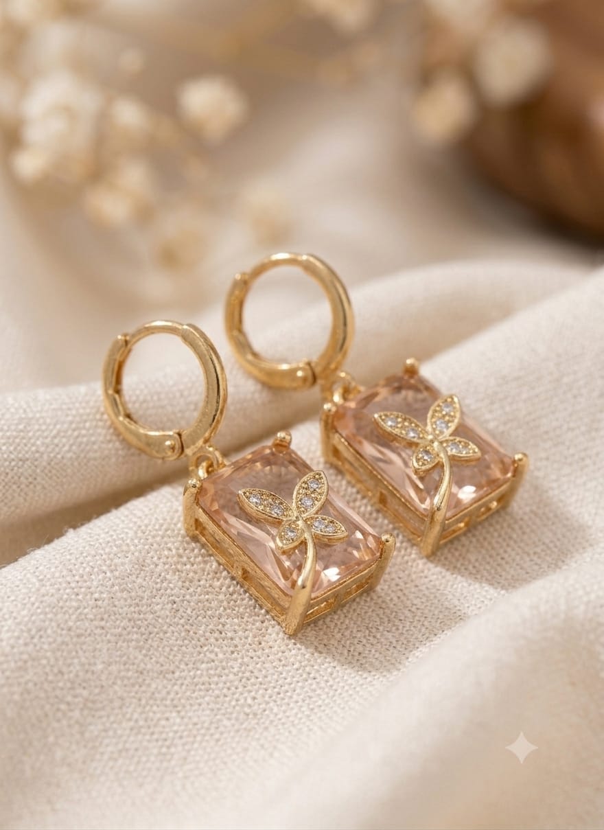 Pink Crystal Butterfly Drop Gold Earrings
