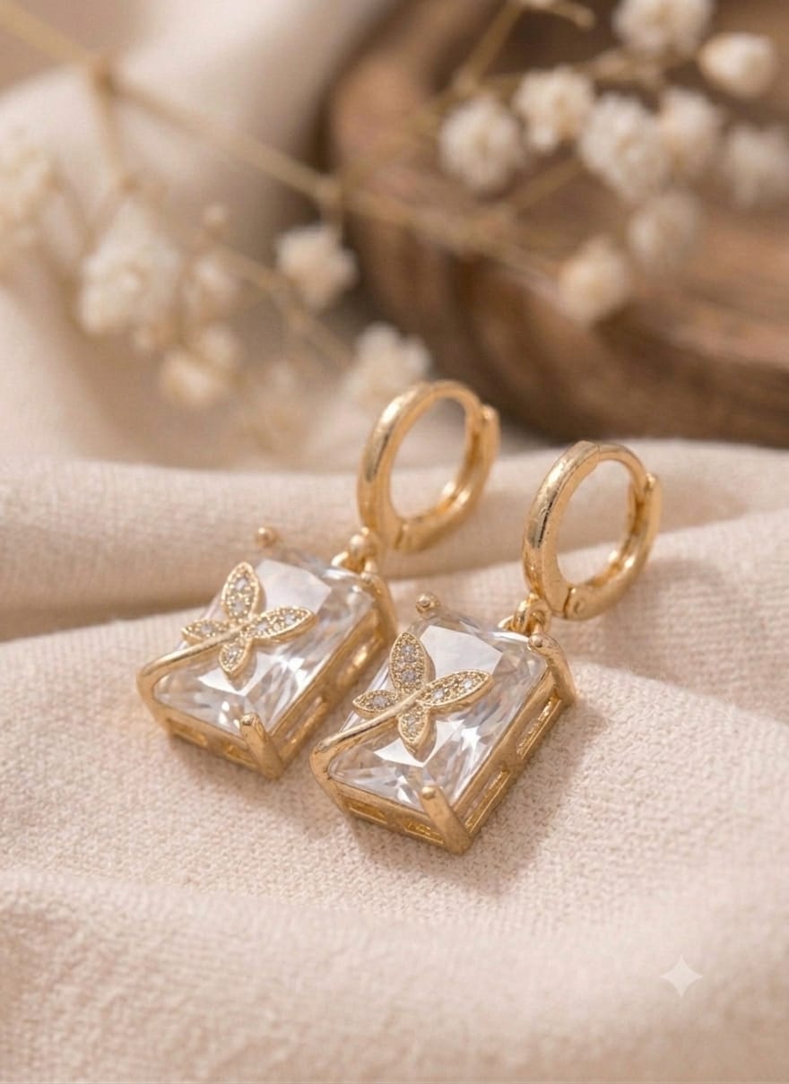 Crystal Butterfly Drop Gold Earrings