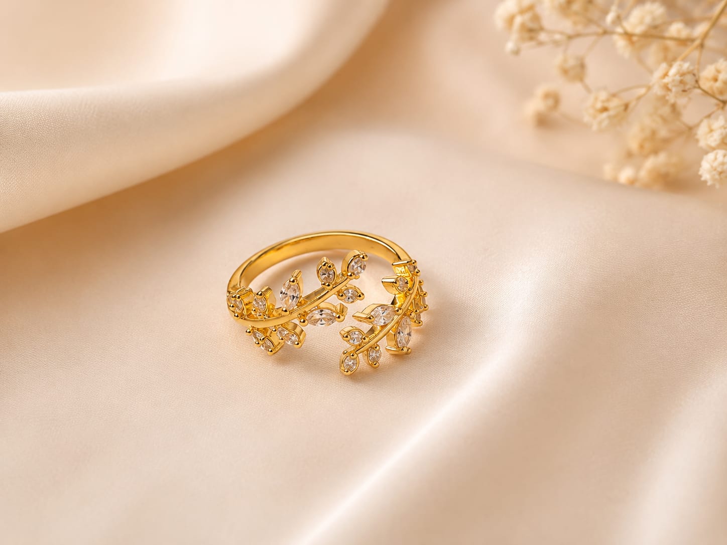 Elegant Crystal Leaf Adjustable Ring