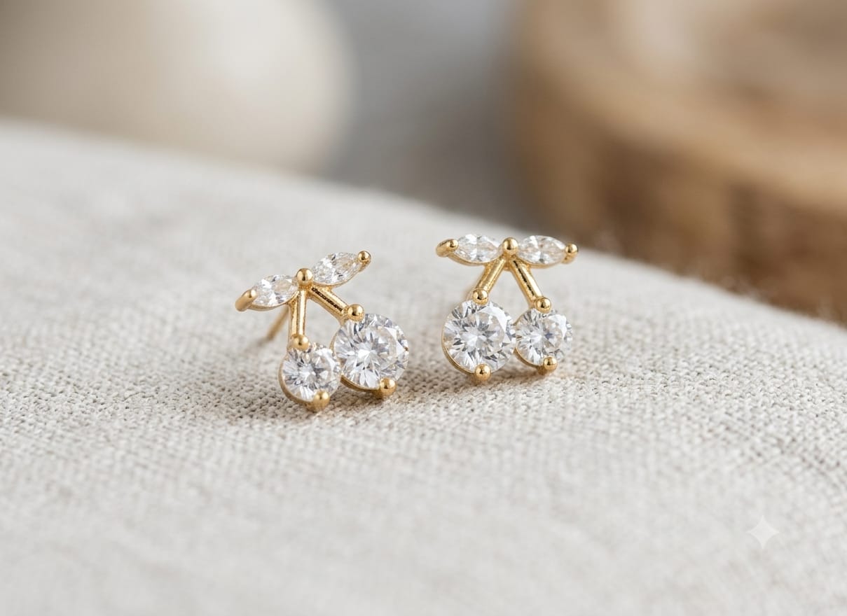 Sweet Cherry Gold Stud Earrings