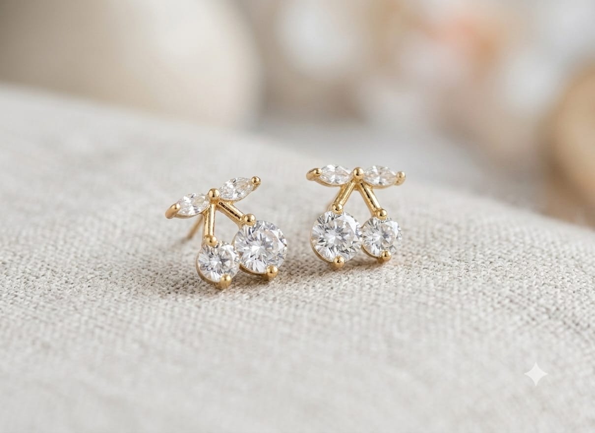 Sweet Cherry Gold Stud Earrings