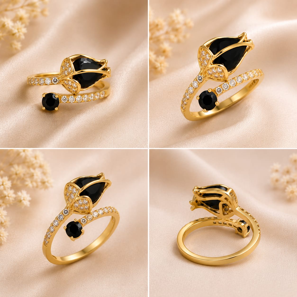 Emerald Tulip Bloom Adjustable Ring(Black)