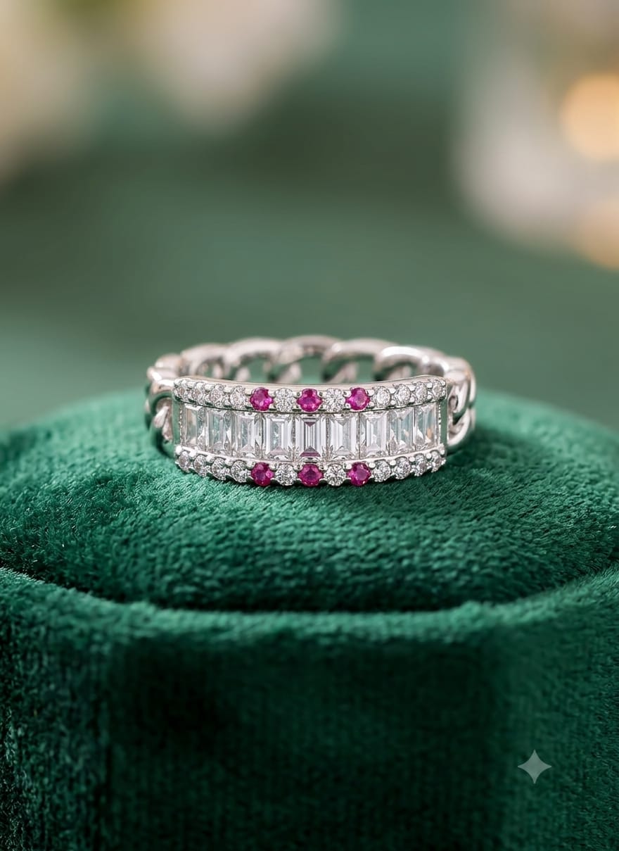 Exquisite Baguette & Pink Accent Chain-Link Ring