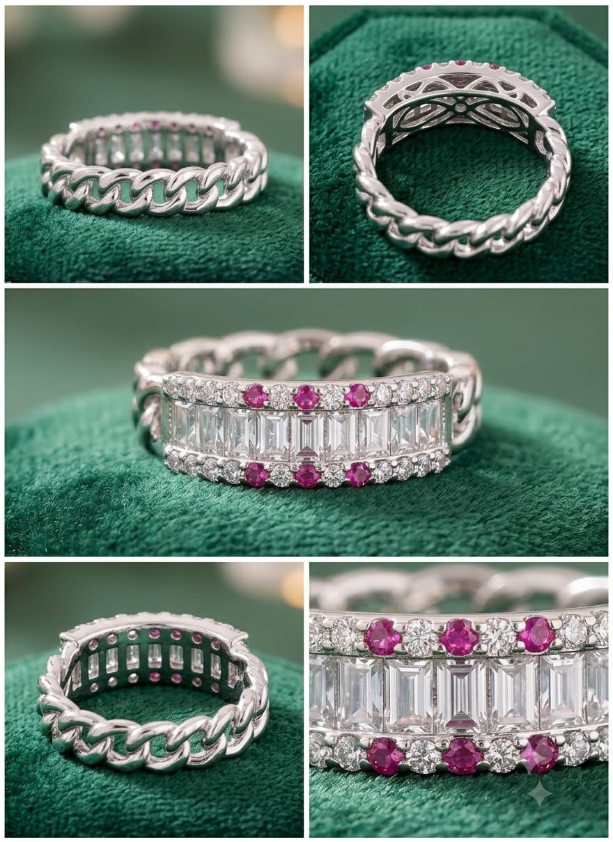 Exquisite Baguette & Pink Accent Chain-Link Ring