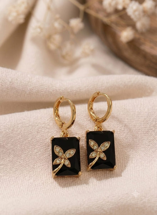 Black Crystal Butterfly Drop Gold Earrings