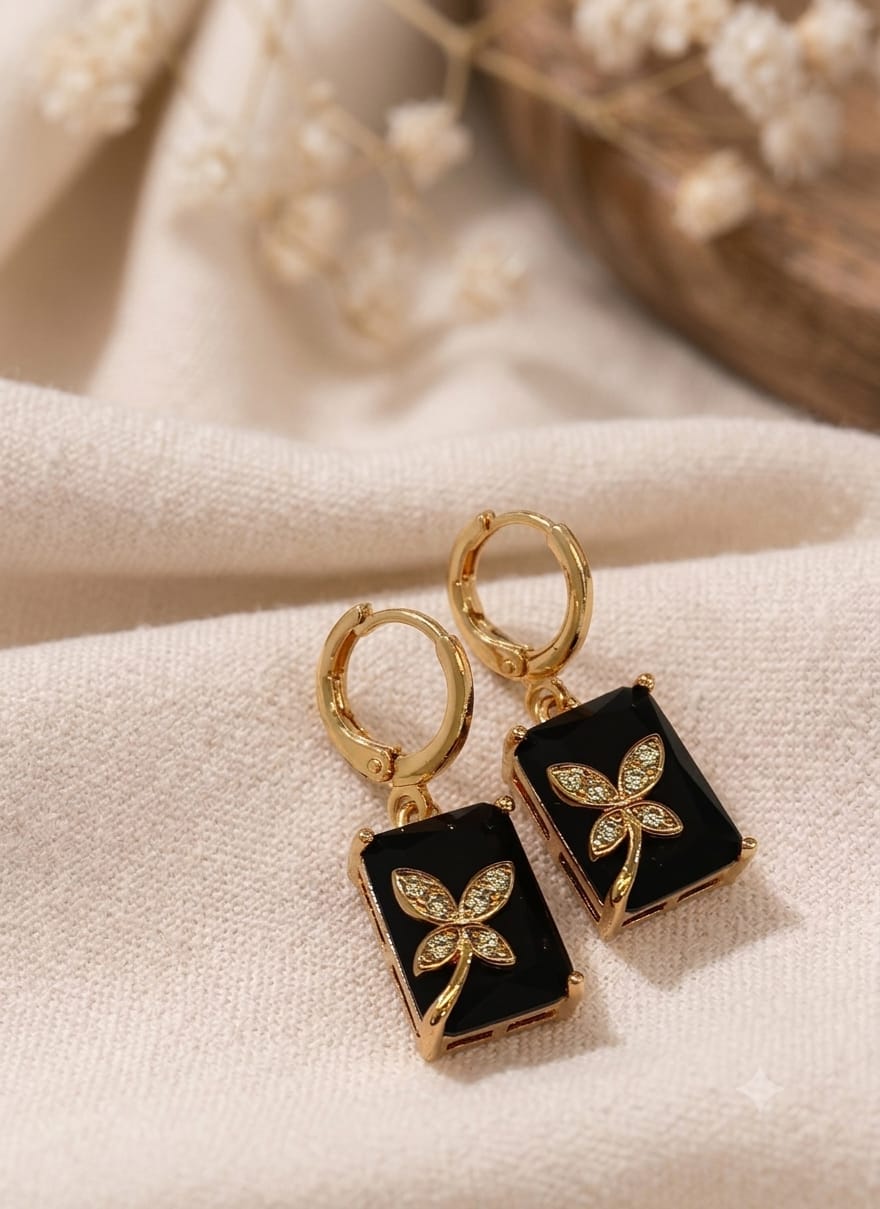 Black Crystal Butterfly Drop Gold Earrings