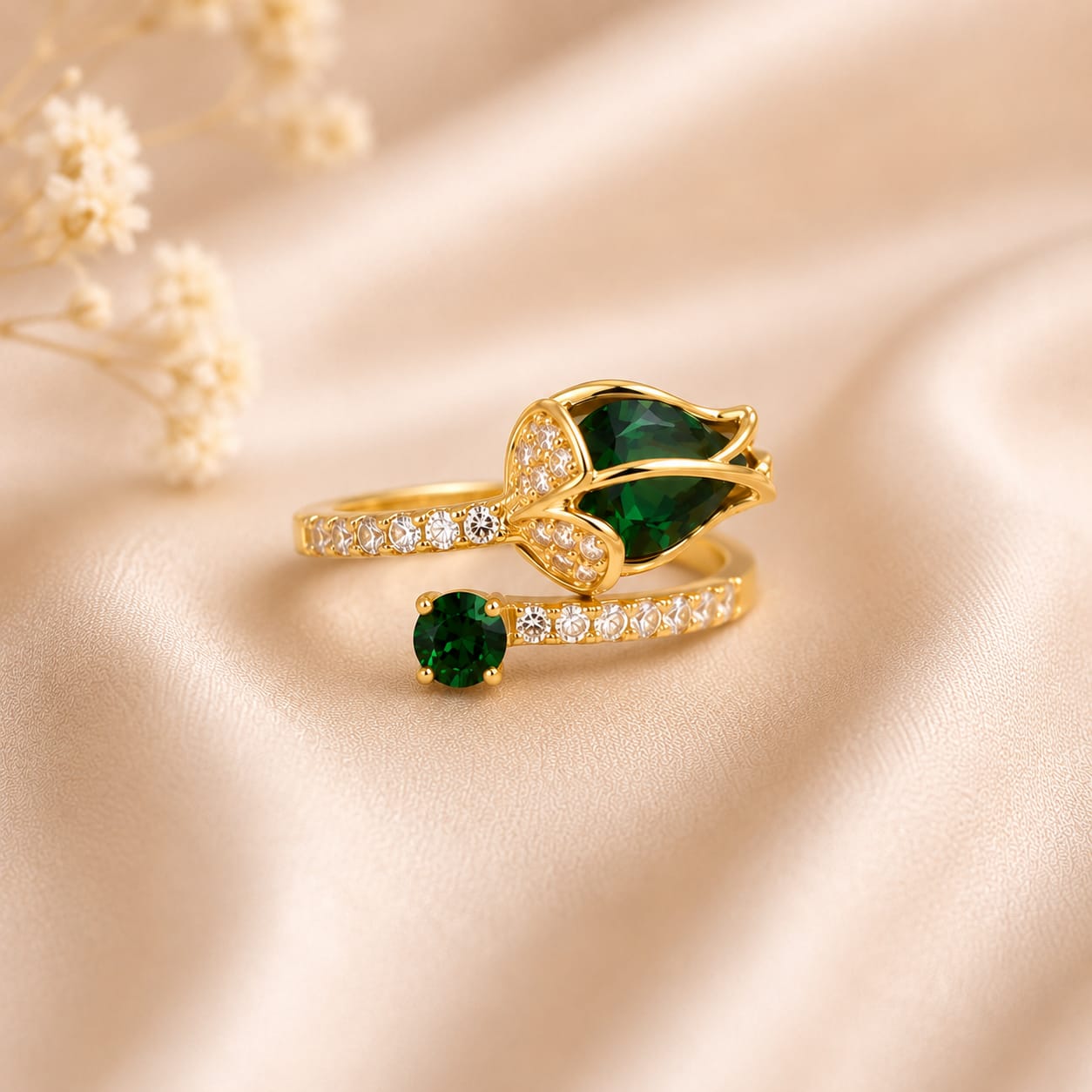 Emerald Tulip Bloom Adjustable Ring(Green)
