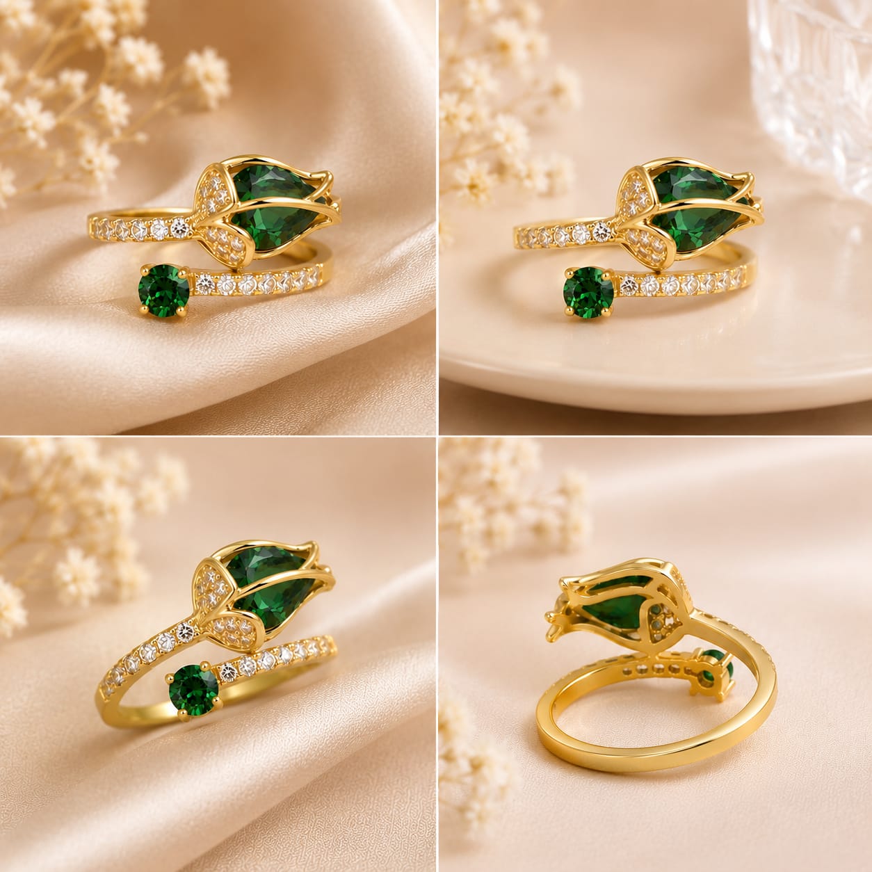 Emerald Tulip Bloom Adjustable Ring(Green)