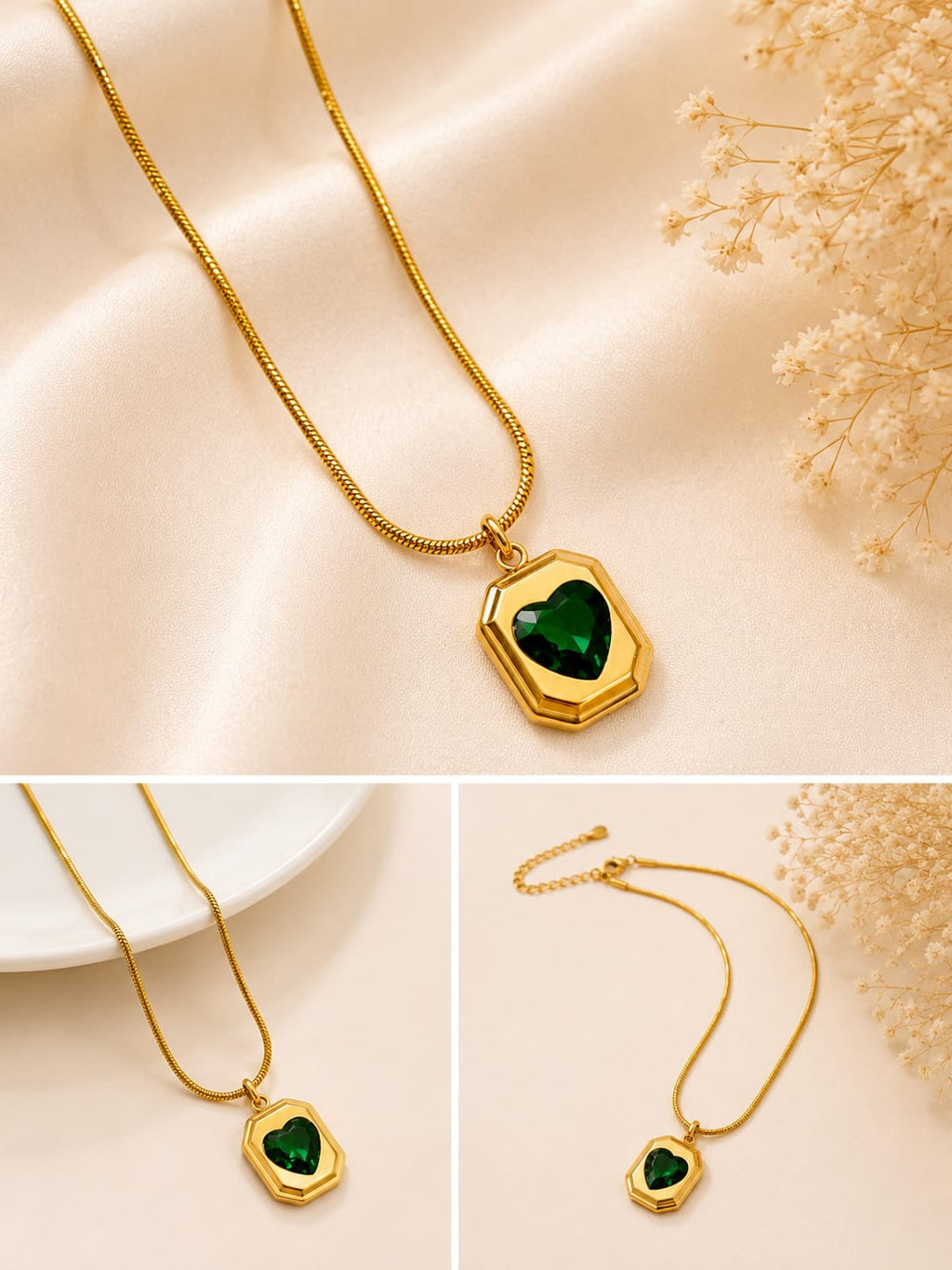 Gold-Finished Green Heart Pendant Necklace