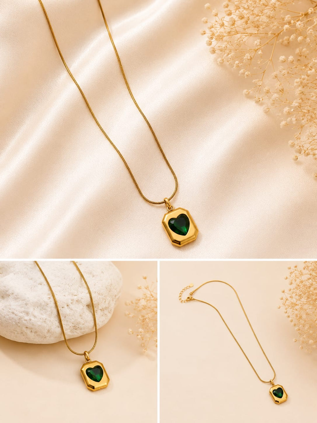 Gold-Finished Green Heart Pendant Necklace
