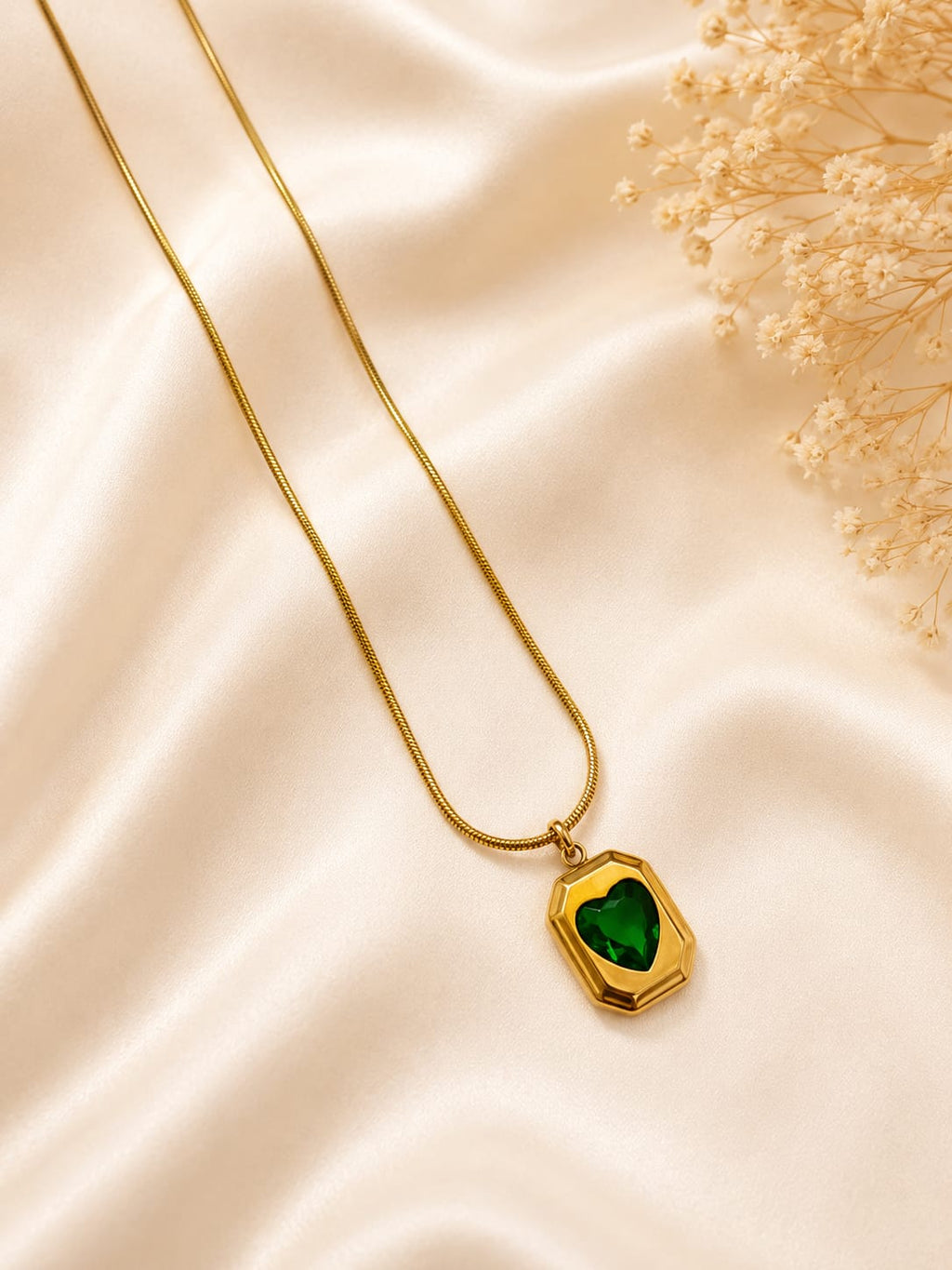 Gold-Finished Green Heart Pendant Necklace