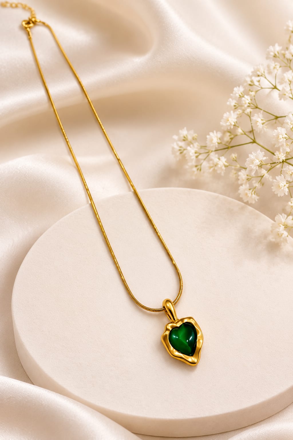 Gold-Finished Irregular Bezel Green Heart Pendant Necklace.