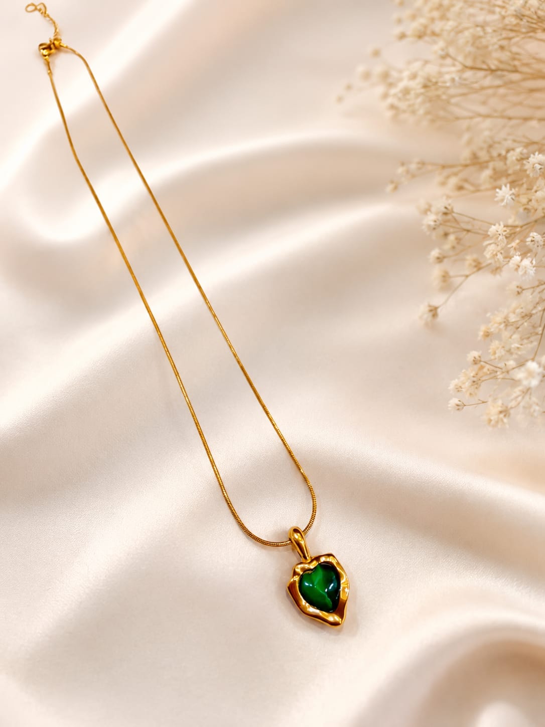 Gold-Finished Irregular Bezel Green Heart Pendant Necklace.