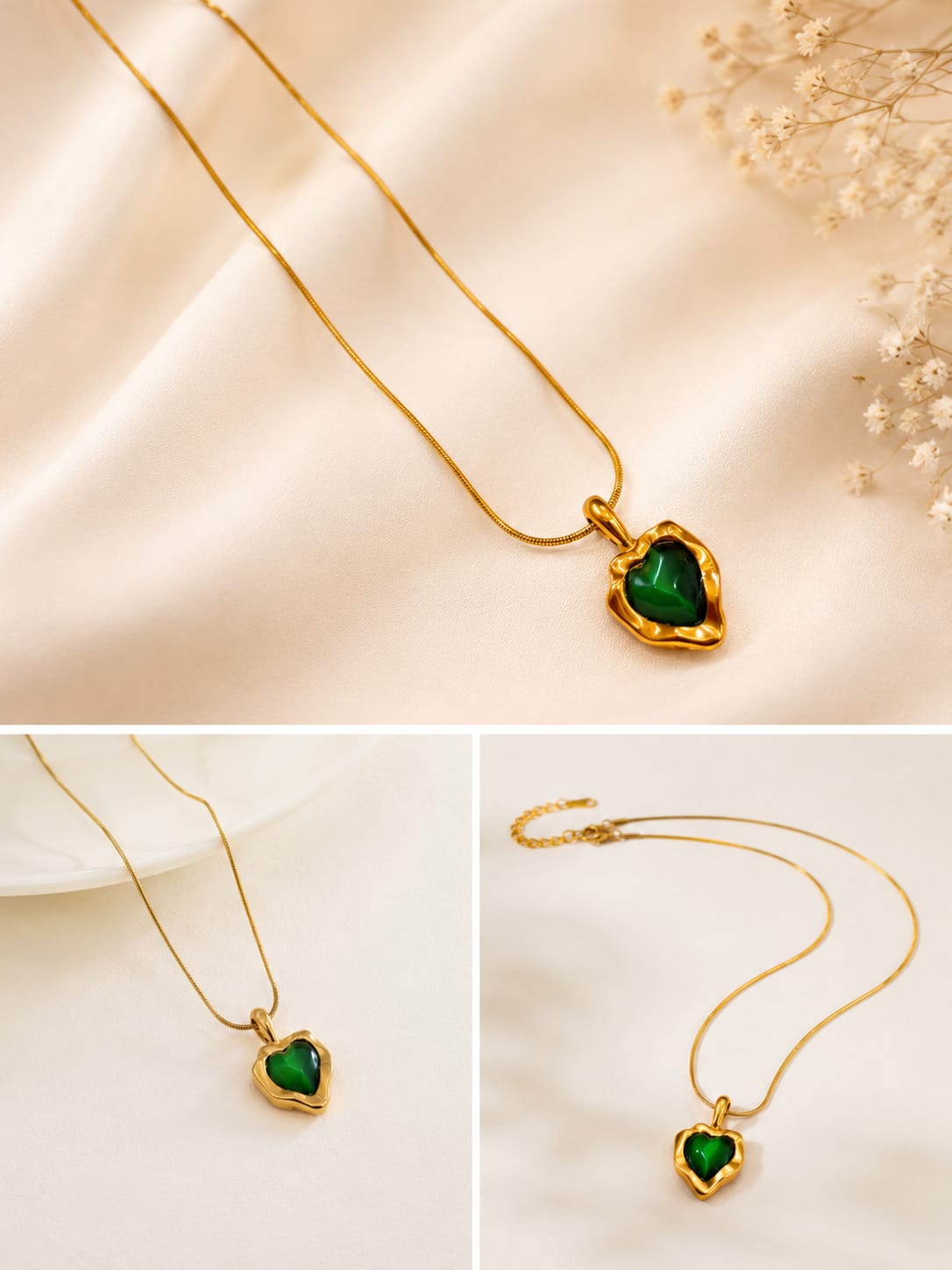 Gold-Finished Irregular Bezel Green Heart Pendant Necklace.