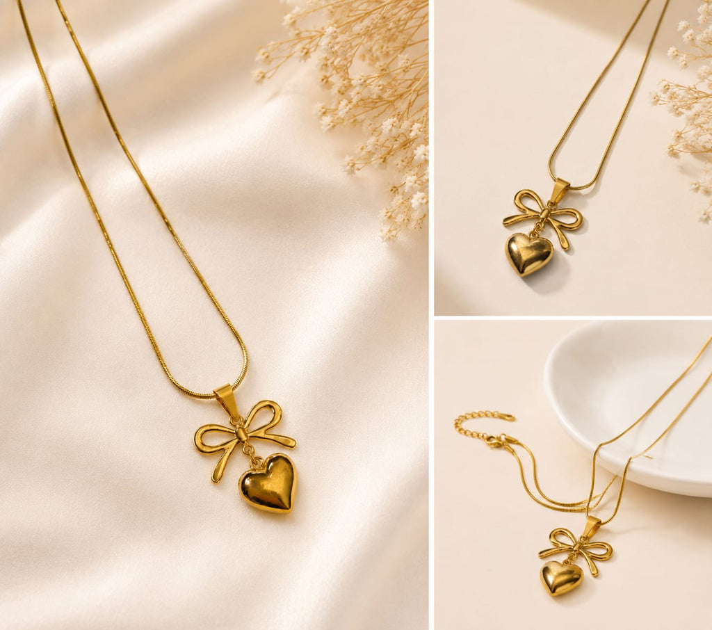 Gold-Finished Bow and Heart Pendant Necklace