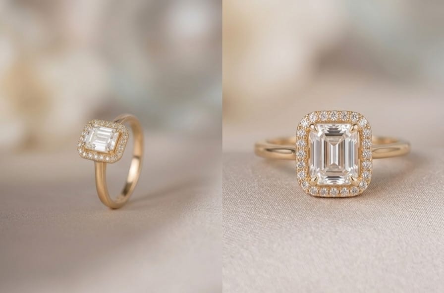 Emerald-Cut Halo Crystal Ring