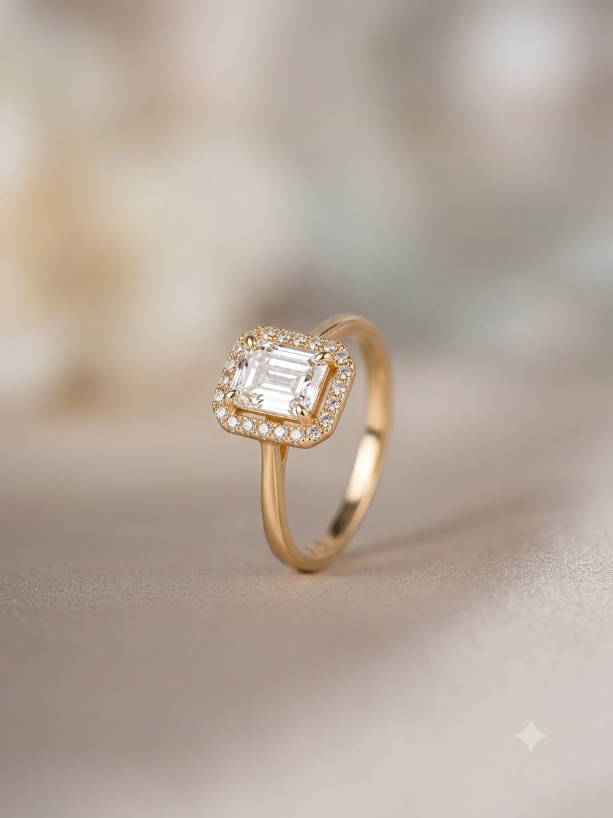 Emerald-Cut Halo Crystal Ring