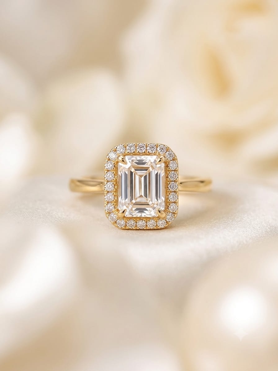 Emerald-Cut Halo Crystal Ring