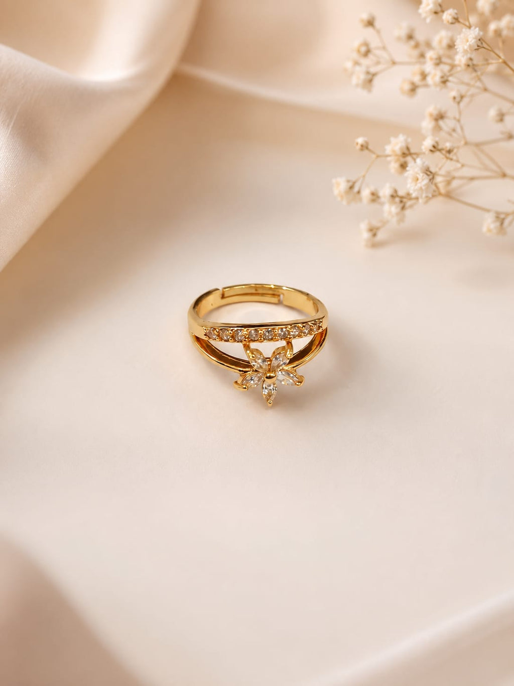 Floral Crystal Adjustable Ring