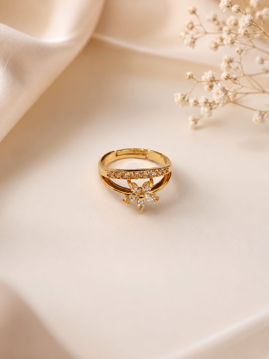 Floral Crystal Adjustable Ring