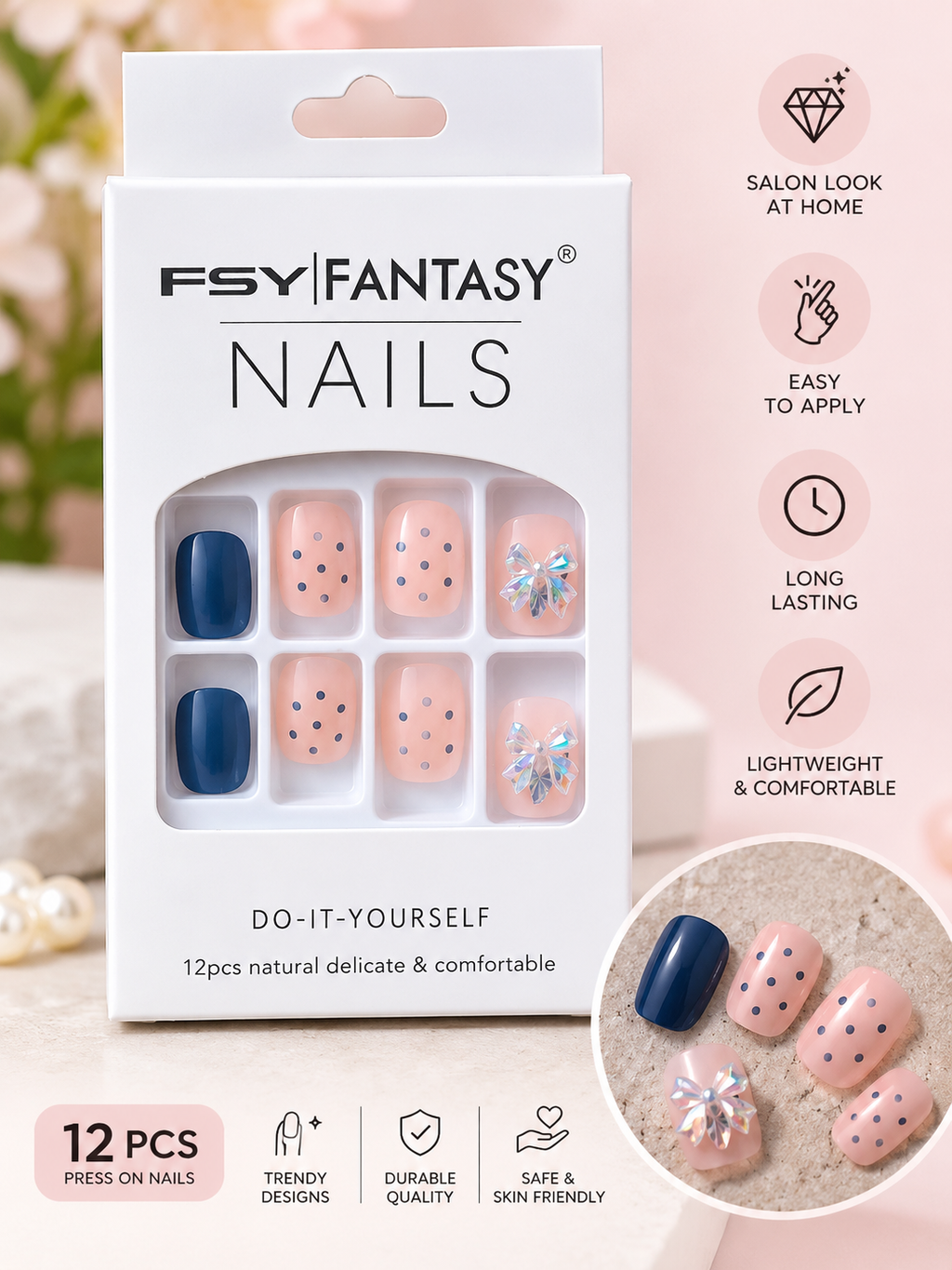 FSY Fantasy 12 Pcs Stylish Press-On Nails – Pink Nail Art Set