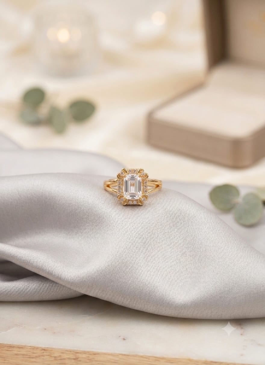 Emerald Cut Halo Crystal Ring